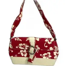 Red Floral Tropical Handbag with Straw Rattan Bottom Lining Medium‎ Sized