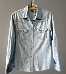 Evan Picone Pearl Snap Denim Jean Shirt Lg Western Rodeo Cowgirl Country Vintage