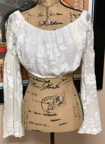 BANJUL Off White Crop Top Bell Sleeves Sequins Lace🌺Large