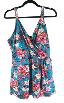 Lands End Swim Dress Shelf Bra V-Neck Tulip Wrap Floral Blue Red 2X