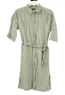 TAHARI Womens 100% Linen Beachy Button Front Belted Shirt Dress Size‎ S Green