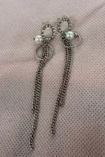 silver dangly diamond pearl earrings