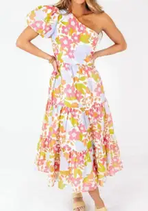 J.Marie Ava Mae Floral Puff Sleeve One Shoulder Midi Maxi Spring Dress size L