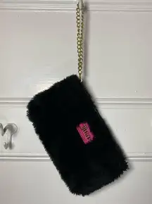 | Faux Fur Logo Chain Wristlet Pouch in Black and Pink