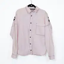 Palm Angels Cotton Back Logo Print Snap Front Button Collared Jean Jacket Pink S