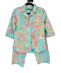 Ralph Lauren Paisley Pajama PJ Set Embroidered Logo Turquoise Blue Cotton Medium