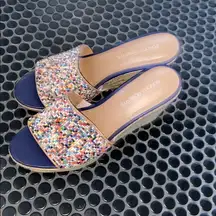 3 inch, blue and multi colored tile heels.