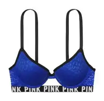 Victoria's Secret PINK Wear Everywhere Push Up‎ Bra Size 34D Leopard Print Blue