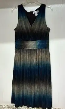 Newport News Sleeveless Midi Dress 16 Large SHINY Teal Blue Brown CRINKLE RawHem