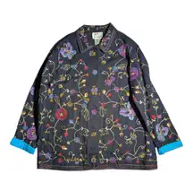 Vtg Y2K Quacker Factory Black Floral Butterfly Embroidered Bead Cotton Jacket M