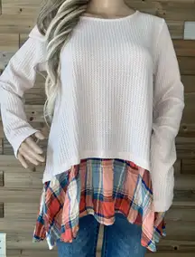 Cream Waffle Knit Plaid Trim Top