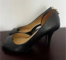 Michael Kors Hamilton Womens 7M Black Peep Toe D'Orsay Stiletto Gold Hardware El