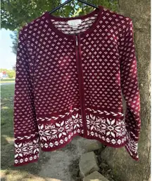 Christopher &  Banks Women's Size M Zip Up Burgundy Sweater Snowflake Accents