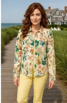 Alfred Dunner Size 12 Yellow Silk Blend Jacket Floral Trim Textured Lining