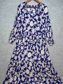 ZARA Womens M Dress Floral Print Maxi Blue White Long Sleeve Tiered V Neck