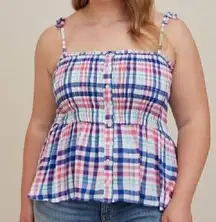 Torrid NEW NWT  2 Plus Size Peplum Smocked Bodice Cami Crinkle Gauze Plaid White