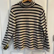 J.Crew Striped Roll Neck Sweater Ivory Navy Blue Cotton Blend Size Large Classic