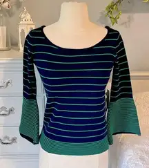 Comfy Navy Blue Green Striped Sweater Bell Sleeve