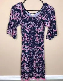 Simply Southern  Women’s Coral Reef Print Tassel Hem Navy Blue Pink Dress