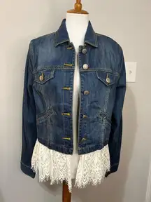 CAbi denim Dakota jean jacket with removable ivory lace, large