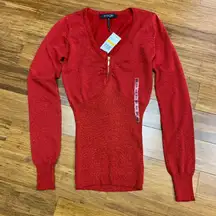 Energie Red Metallic‎ Knit Top Womens Small V-Neck Long Sleeve Pullover Sweater