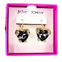 Betsey Johnson Leopard Heart Drop Earrings Gold Black