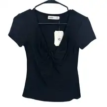 elodie Black Ribbed Twist Front V Neck Short Sleeve Top Womens Medium NWT Casual