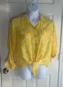 Investments Womens Yellow Tie Waist Kelly roll-tab sleeve‎ Shirt Sz PXL Summer