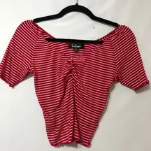 Lulus Red White Striped Cropped Short Sleeve Tee Womens XS Ruched Girly Ruffled