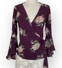 Burgundy floral wrap top, ladies small bell flare sleeve V-neck bohemian blouse