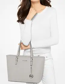 Michael Kors Jet Set Travel Saffiano Leather Top-Zip Tote Bag Gray