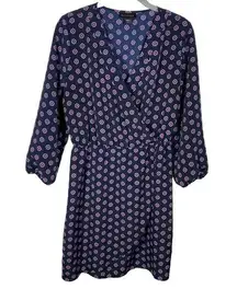 Faux Wrap Long Sleeve Dress Blue Pink Floral Geo Womens Size Medium