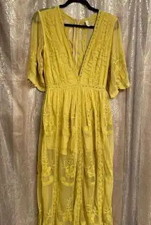 Wishlist  Mustard Yellow Lace Boho Embroidered Romper Dress Small