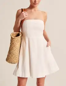 Abercrombie strapless linen mini dress lined fit & flare white bride graduation