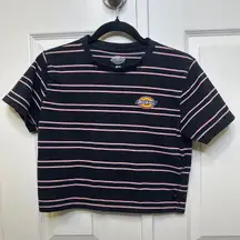 Dickies Women’s Cropped T-Shirt Navy Pink Striped Logo Top Size M