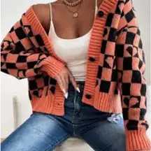 Checkered Hearts Orange and Black Women's Cardigan , Small