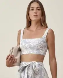 Reformation Blue Floral Palm Linen Cropped Top Smocked Beachy Summer Resort 12