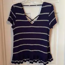 Chaser blue and gray striped vneck top with ruffle on bottom hem