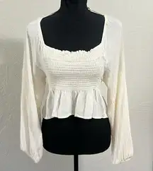 Final Touch Cream Smocked Cropped Flowy Peplum Keyhole Tie Back Top