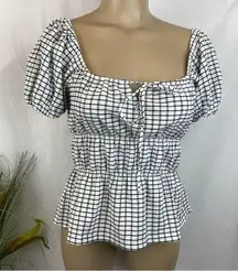 Madewell  White & Black Plaid Gingham Short Sleeve Peasant Top NEW M