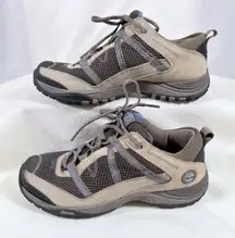 Timberland Womens 8 OrthoLite Hiking Sneaker Khaki Blue Leather Low Vibram Boot