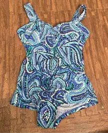 Vintage Maxine Of Hollywood Blue Paisley Dot One Piece Ruched Swimsuit 16‎