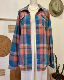 Quiksilver Blue & Pink Flannel Snap Button Quiktech Layering Utility Shirt XL