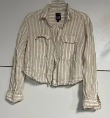 GAP WOMENS 100% LINEN CROPPED BUTTON DOWN BLOUSE SHIRT CREAM WHITE STRIPE XS