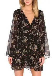 Free People Retro Black Combo‎ Floral Bell Sleeve Wrap Mini Dress M EUC