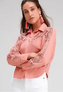 Lulus Peach NEW Crochet Lace Button Up Long Sleeve Top Boho Cottagecore Size L