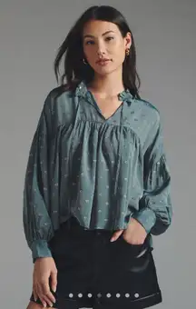 Anthropologie Ruffled Peasant Blouse Gold and Slate Blue Blouse Size XXS