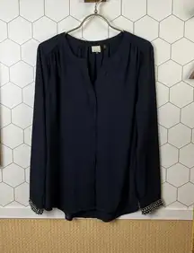 Ecru Navy Button-up Jewel Embellished Blouse - Size - Small