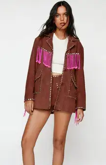 Nasty Gal Womens Real Suede Embroidered Back Fringe Jacket
