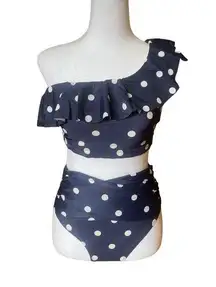 Old Navy  One Shoulder High Waist Bikini Navy Blue White Polka Dots Size Small